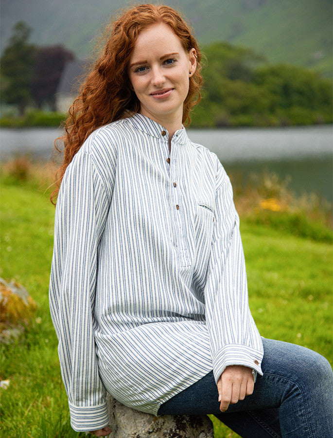 Ladies Flannel Grandfather Shirt - #color_blue-stripe