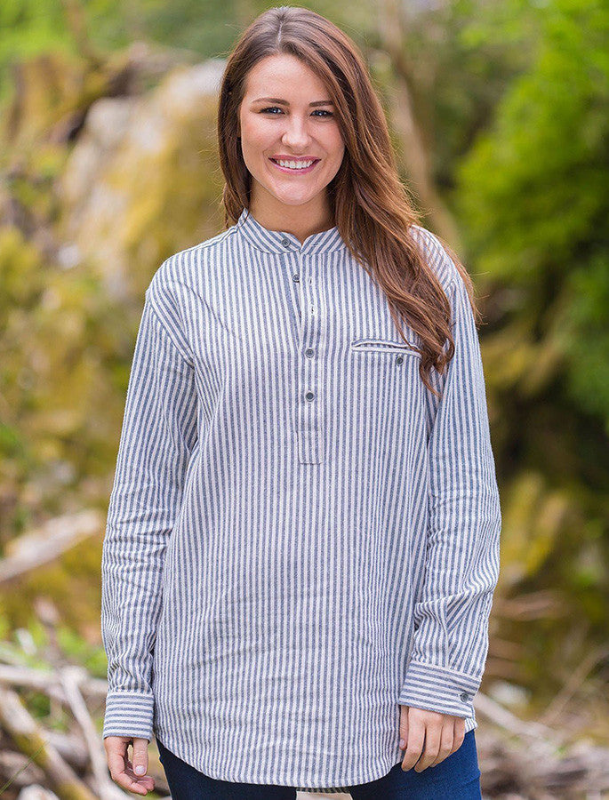 Ladies Flannel Grandfather Shirt - #color_navy-stripe