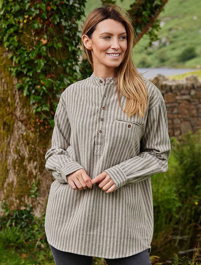Ladies Flannel Grandfather Shirt - #color_beige-green-maroon-stripe