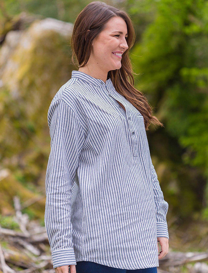 Ladies Flannel Grandfather Shirt - #color_navy-stripe