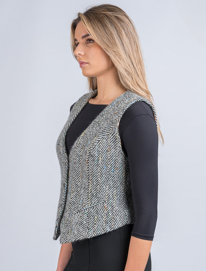 Ladies Irish Tweed Waistcoat - Black & Grey Herringbone