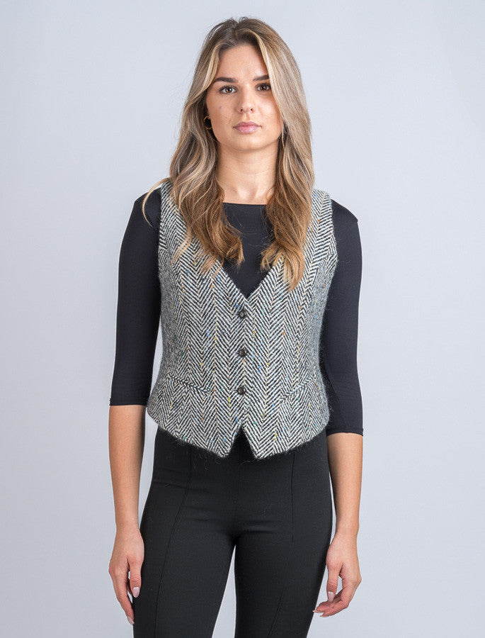 Ladies Irish Tweed Waistcoat - Black & Grey Herringbone