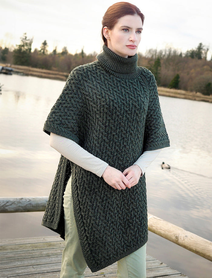 Ladies Merino Aran Roll Neck Poncho - Army Green #color_army-green