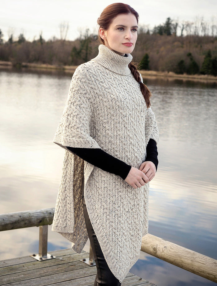 Ladies Merino Aran Roll Neck Poncho - Oatmeal #color_oatmeal
