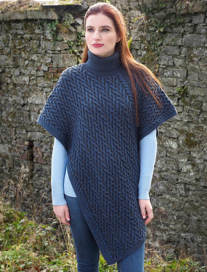 Ladies Merino Aran Roll Neck Poncho - Mallard #color_mallard