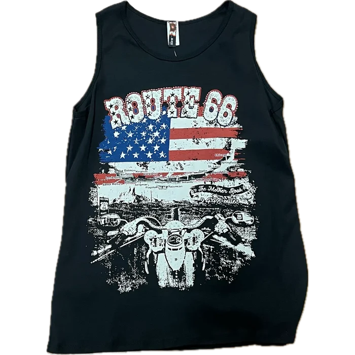 “Black Route 66 motorcycle tank top with distressed American flag graphic and biker design.