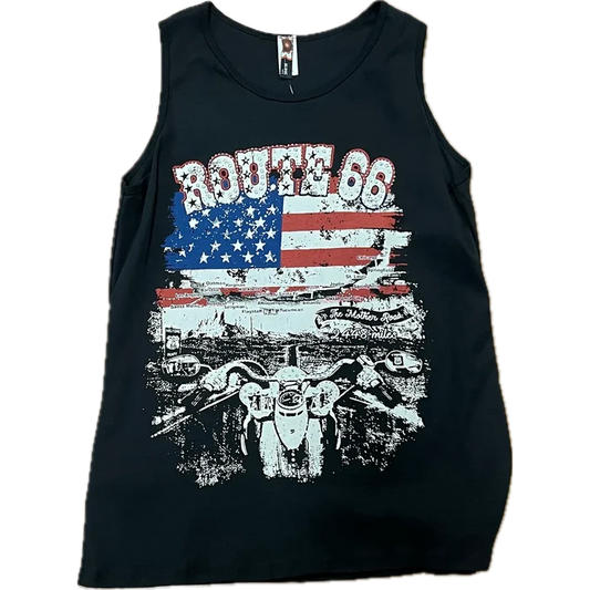 “Black Route 66 motorcycle tank top with distressed American flag graphic and biker design.