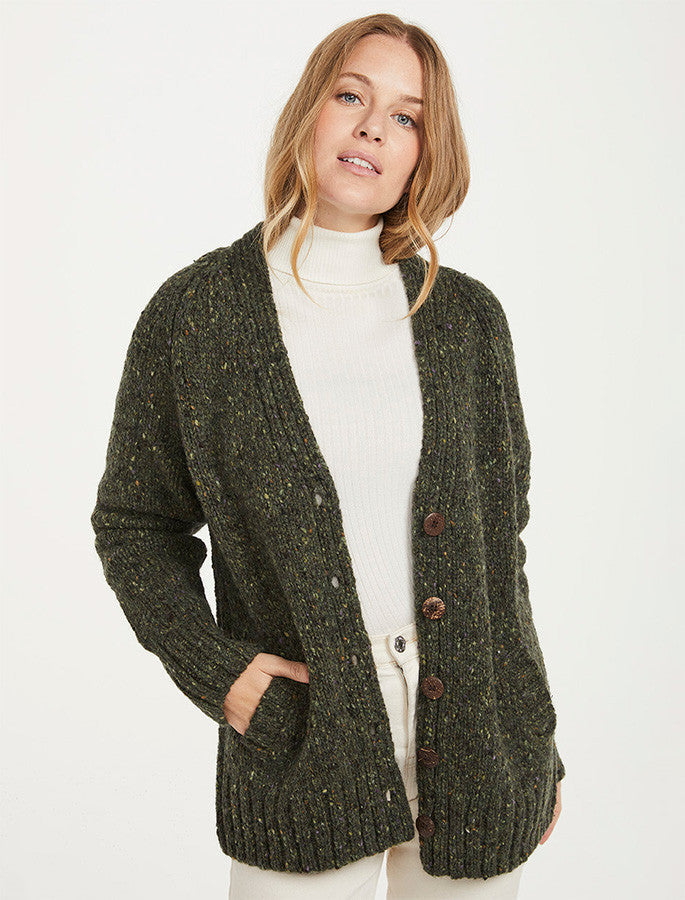 Ladies V-Neck Donegal Wool Cardigan - Green #color_green