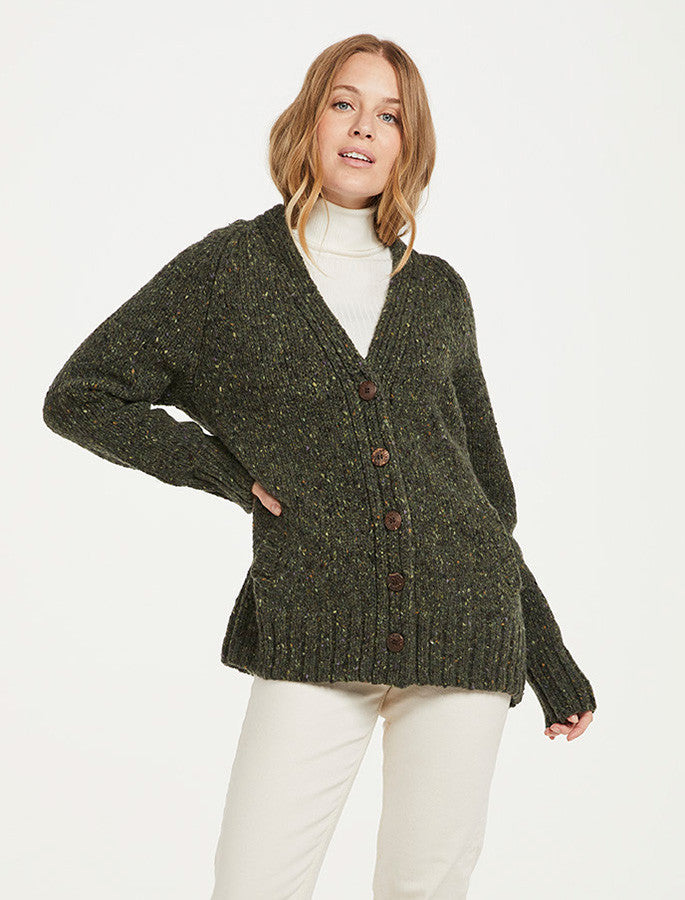 Ladies V-Neck Donegal Wool Cardigan - Green #color_green