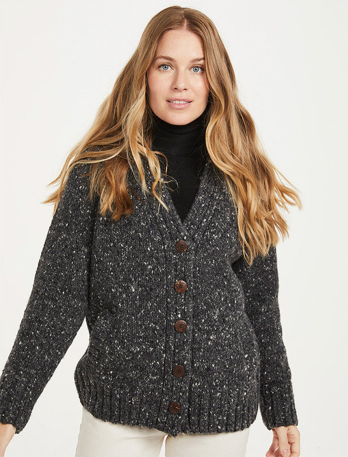 Ladies V-Neck Donegal Wool Cardigan - Charcoal #color_charcoal