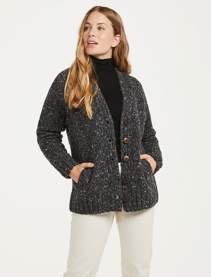 Ladies V-Neck Donegal Wool Cardigan - Charcoal #color_charcoal