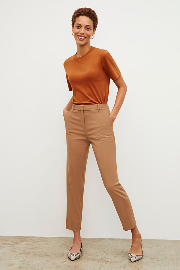 Front image of a woman wearing the Leslie T-Shirt - Pima Cotton in Burnt Orange | Grid | Exclude