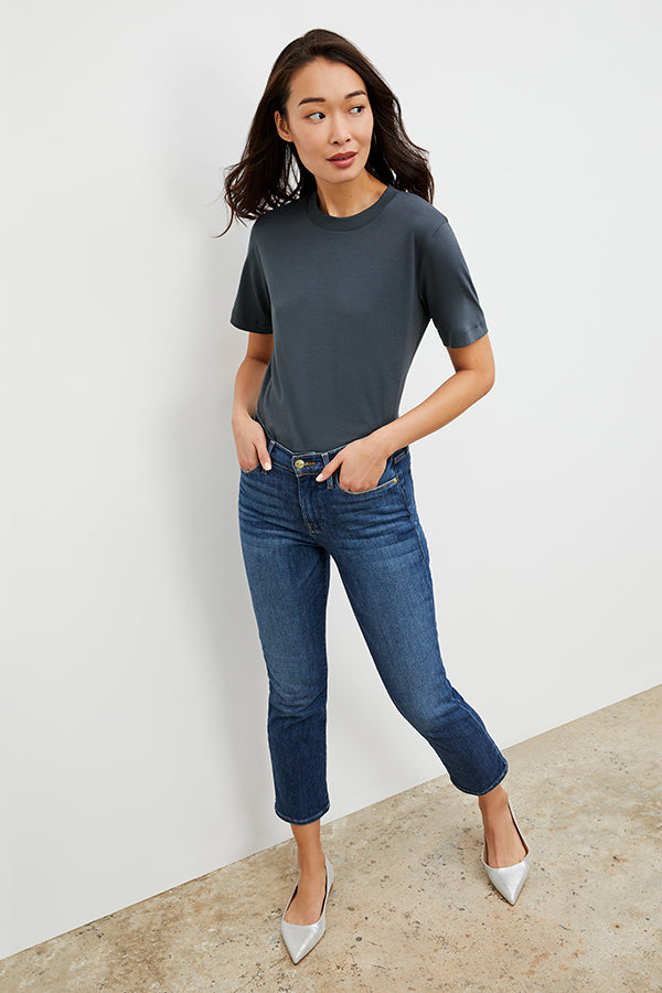Front image of a woman wearing the Leslie T-Shirt - Pima Cotton in Dusty Indigo | Grid Hover | Exclude