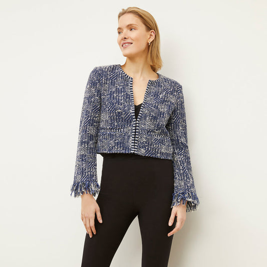 Front image of a woman wearing the Lilia Jacket - Interweave in Navy / Ivory | Lead