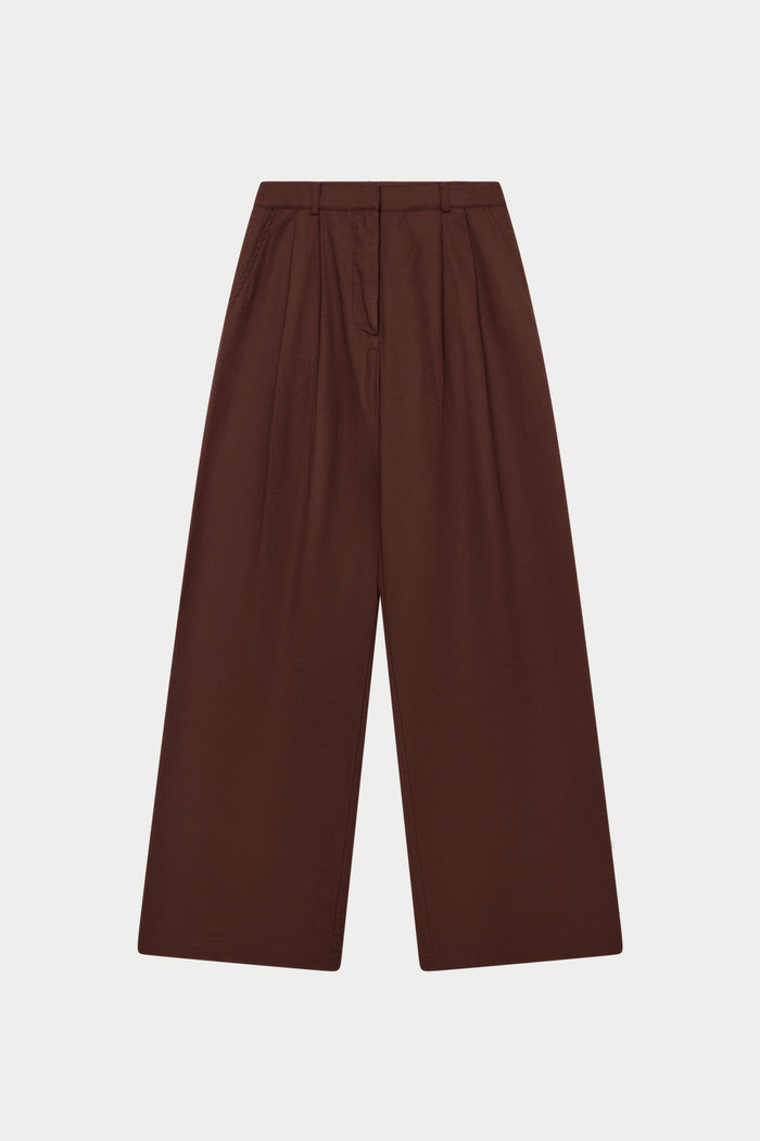 LINEN BLEND WIDE LEG PLEATED TROUSERS - CHOCOLATE