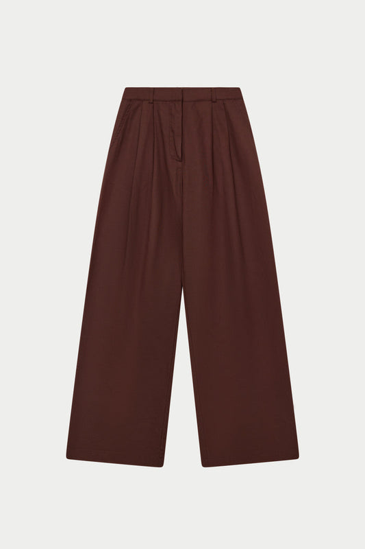 LINEN BLEND WIDE LEG PLEATED TROUSERS - CHOCOLATE