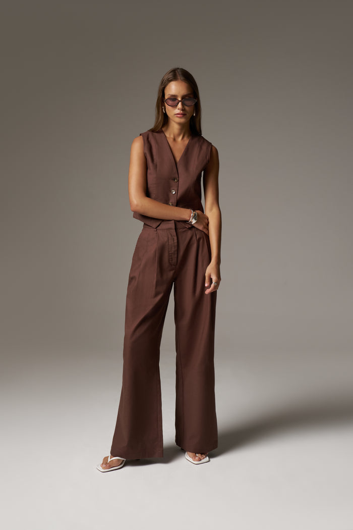 LINEN BLEND WIDE LEG PLEATED TROUSERS - CHOCOLATE