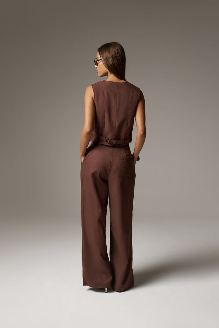 LINEN BLEND WIDE LEG PLEATED TROUSERS - CHOCOLATE