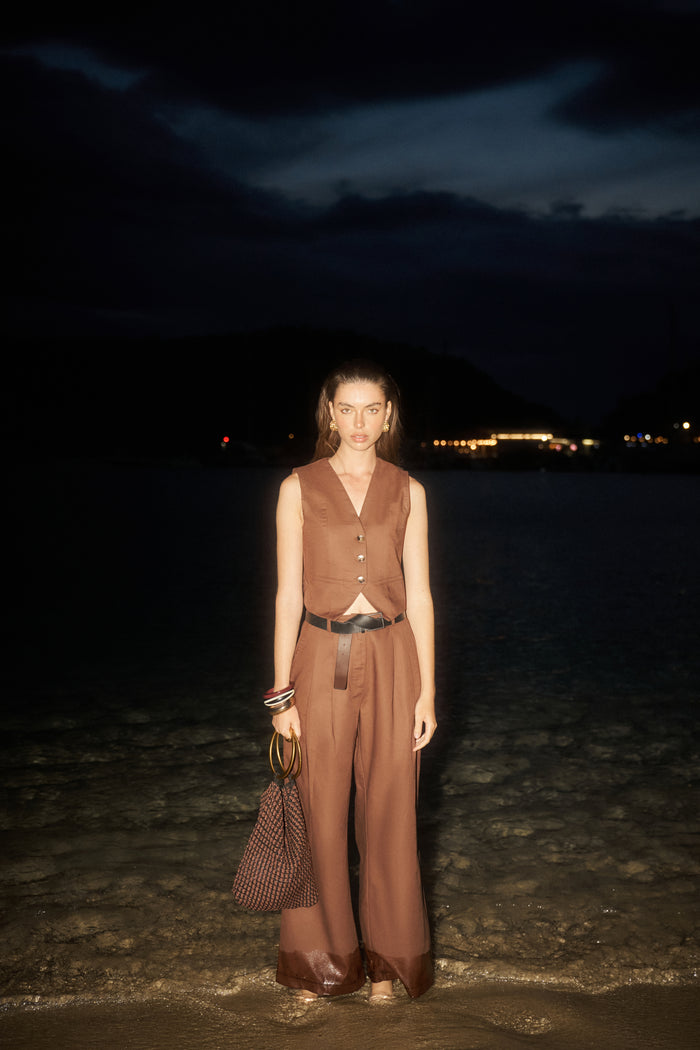 LINEN BLEND WIDE LEG PLEATED TROUSERS - CHOCOLATE