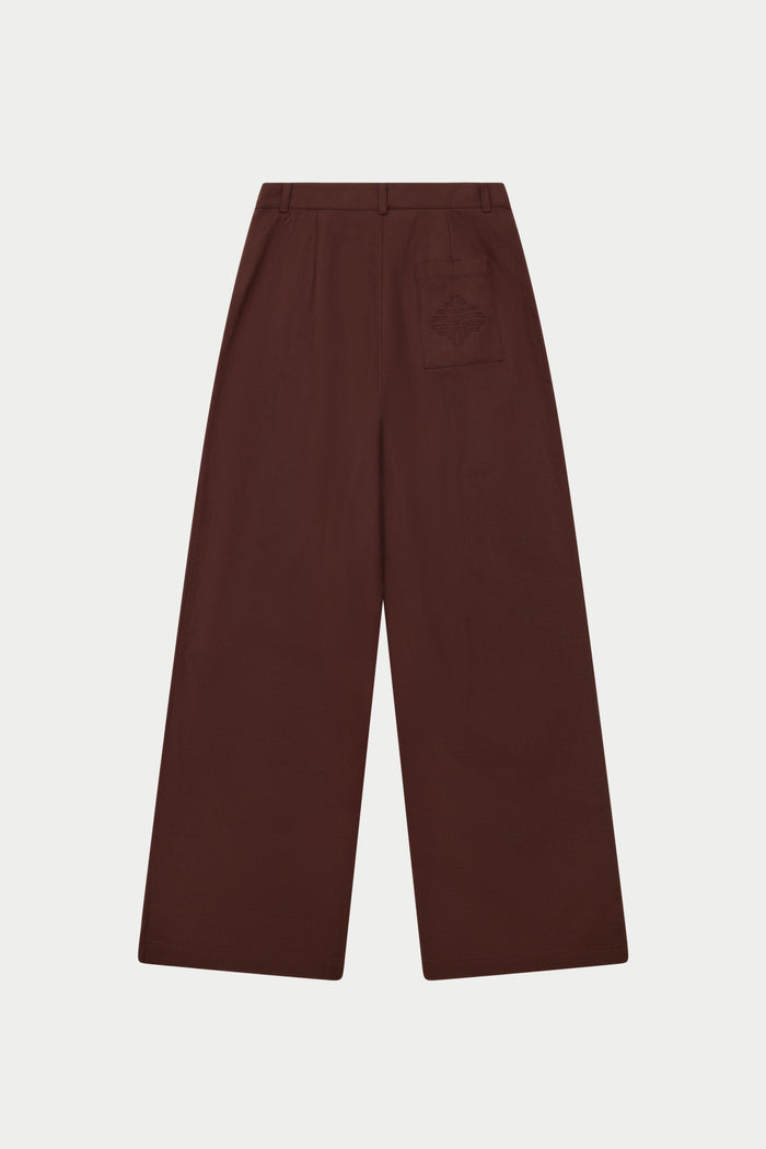 LINEN BLEND WIDE LEG PLEATED TROUSERS - CHOCOLATE