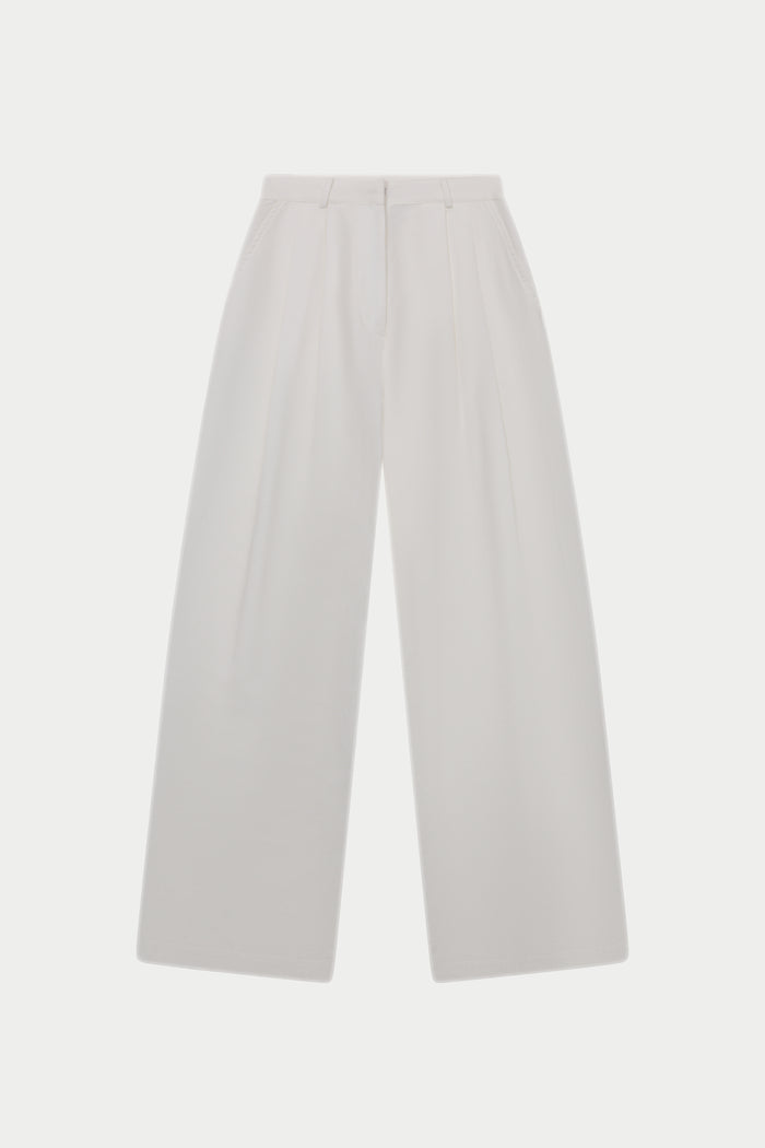 LINEN BLEND WIDE LEG PLEATED TROUSERS - WHITE