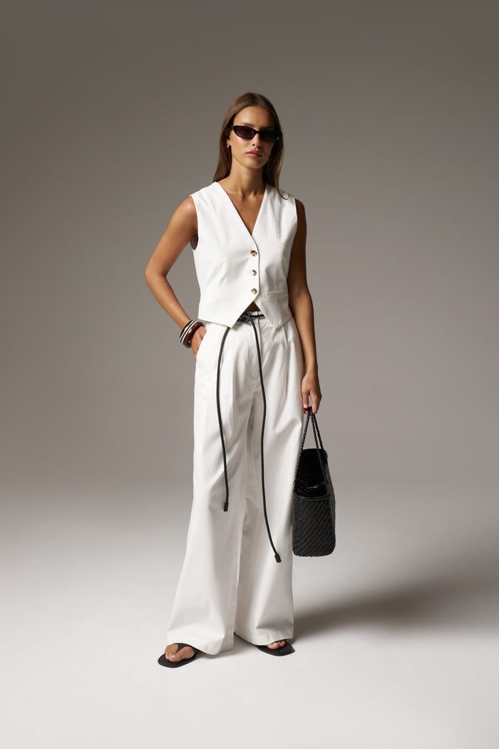 LINEN BLEND WIDE LEG PLEATED TROUSERS - WHITE