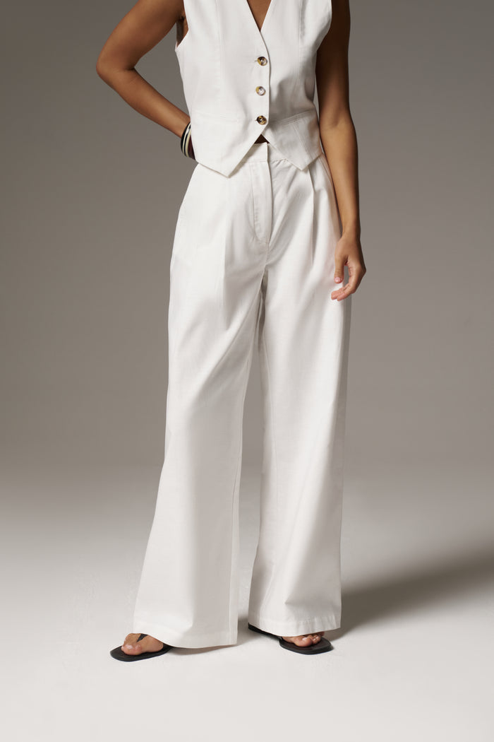 LINEN BLEND WIDE LEG PLEATED TROUSERS - WHITE