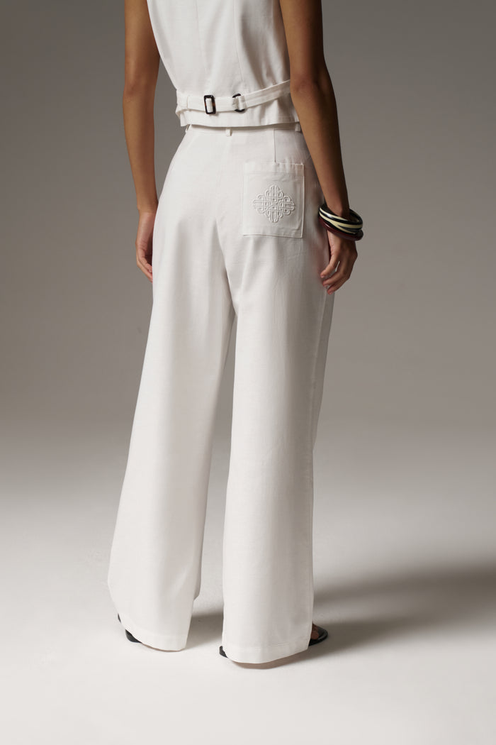 LINEN BLEND WIDE LEG PLEATED TROUSERS - WHITE