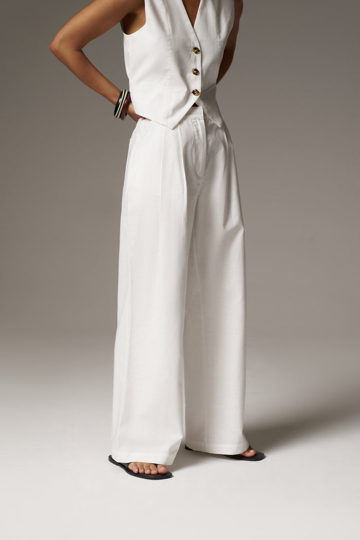 LINEN BLEND WIDE LEG PLEATED TROUSERS - WHITE
