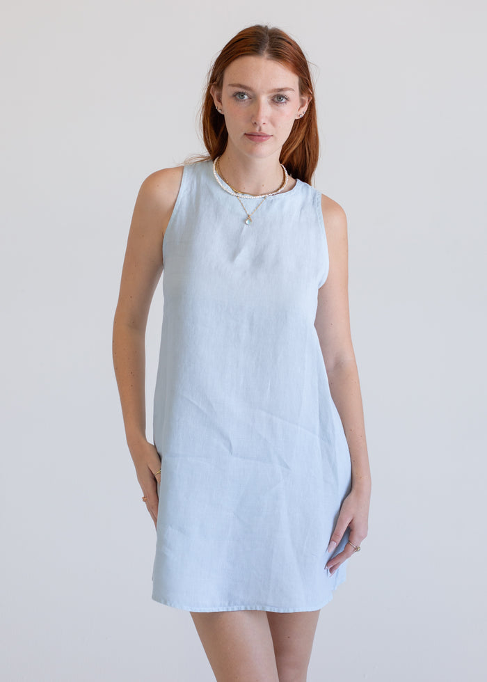 Close-up detail of Linen Mini Dress in blue on model