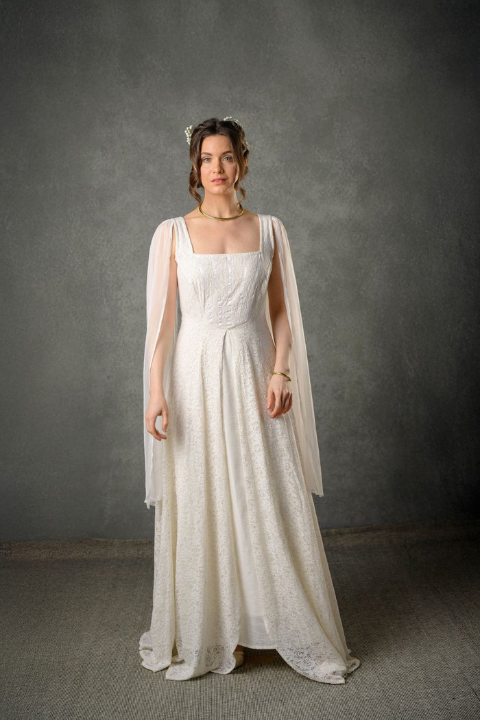 Fairytale wedding dress with detachable sleeves ethically made with natural cotton Ivory lace