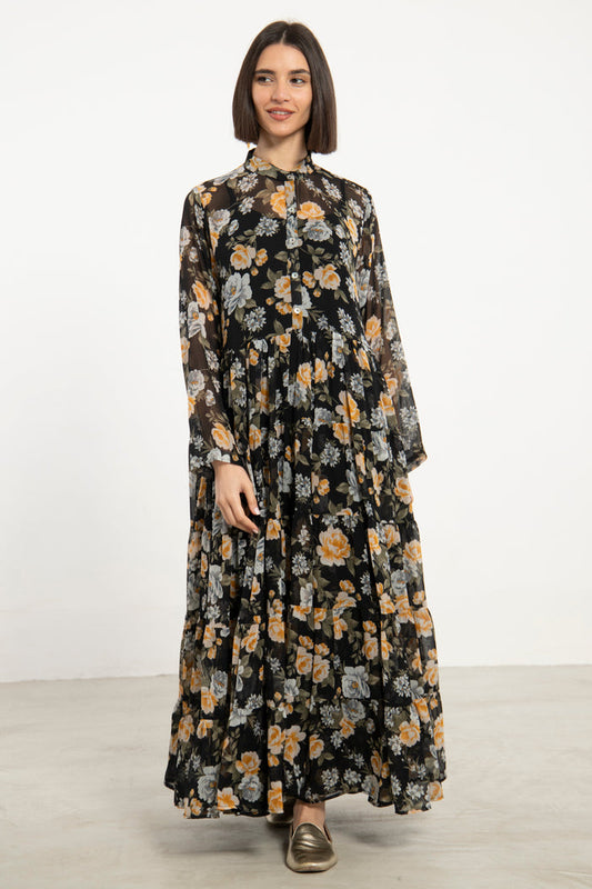 Louna Cotton Black Printed Flowers Dress
