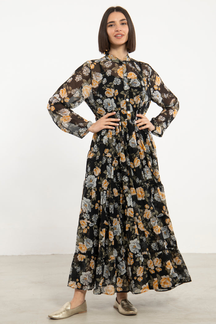 Louna Cotton Black Printed Flowers Dress