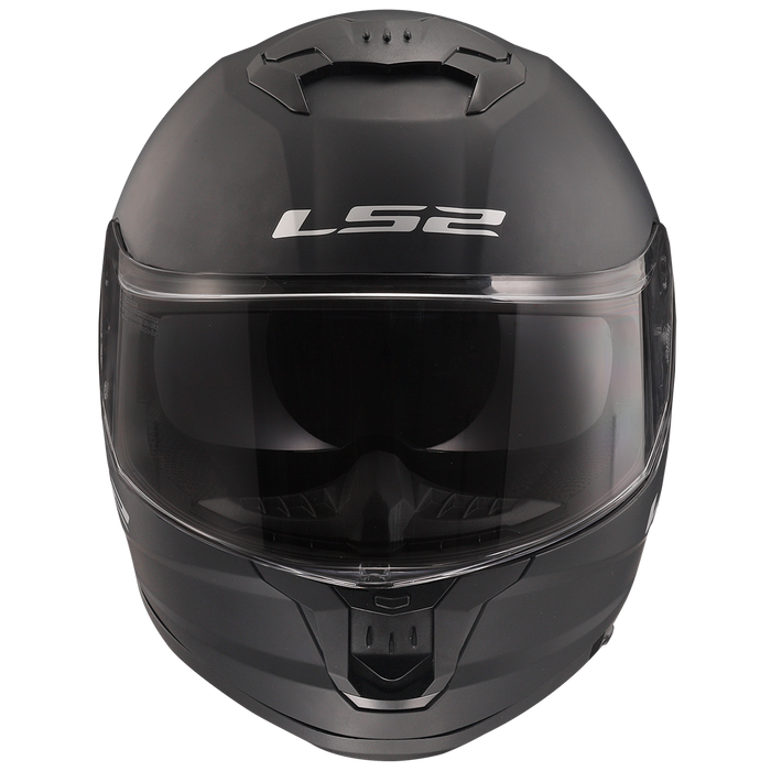 LS2 Stream II helmet in Matte Black, front view with internal sun shield lowered