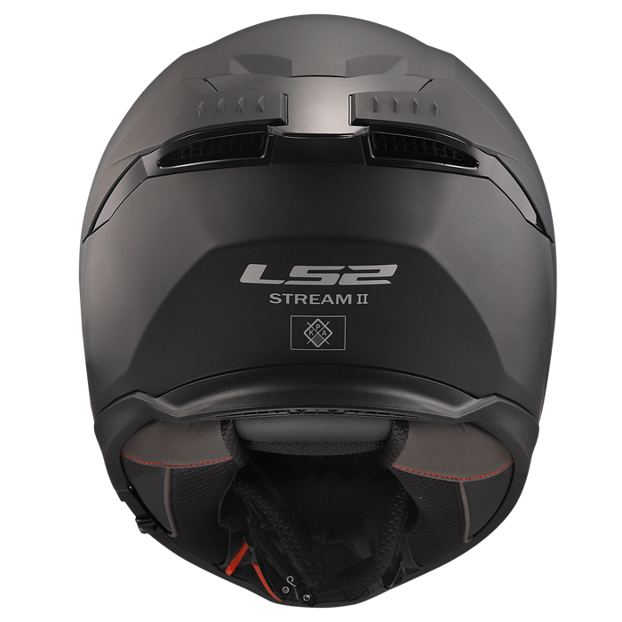 LS2 Stream II helmet in Matte Black, rear view showing exhaust vents
