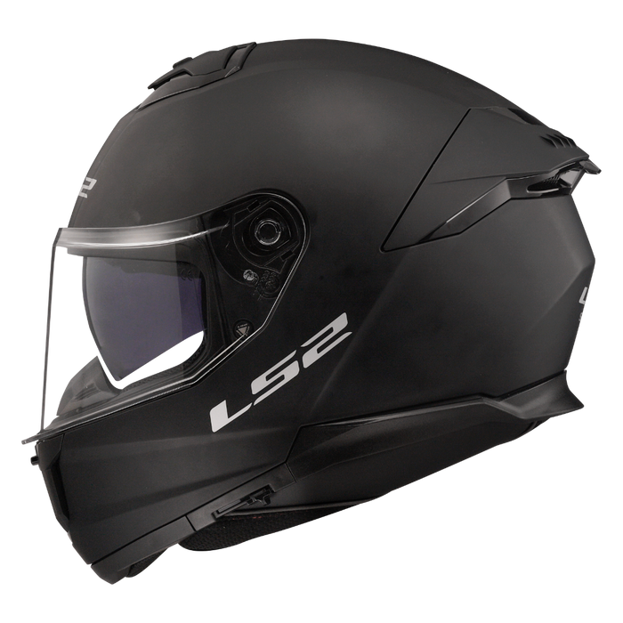 LS2 Stream II helmet in Matte Black, left side profile with internal sun shield lowered
