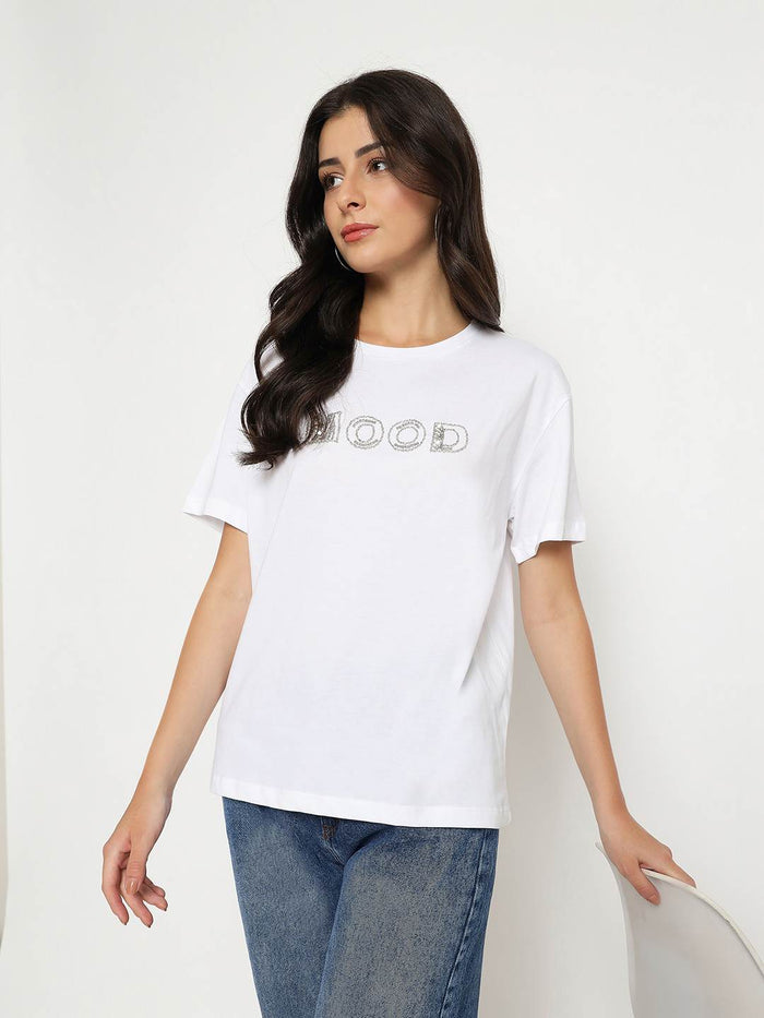 Madame Embellished Typography White Cotton T-shirt