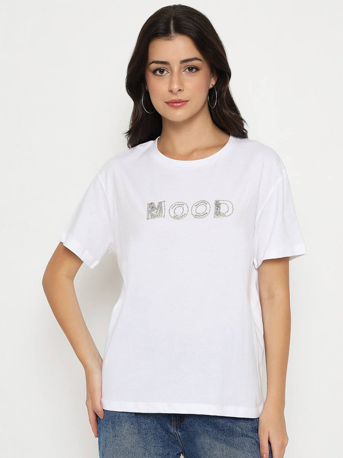 Madame Embellished Typography White Cotton T-shirt