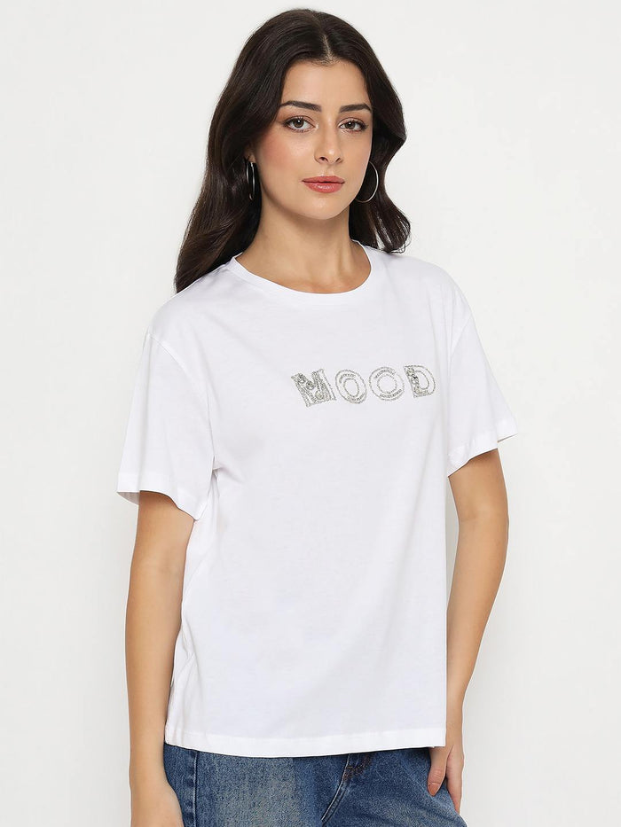 Madame Embellished Typography White Cotton T-shirt