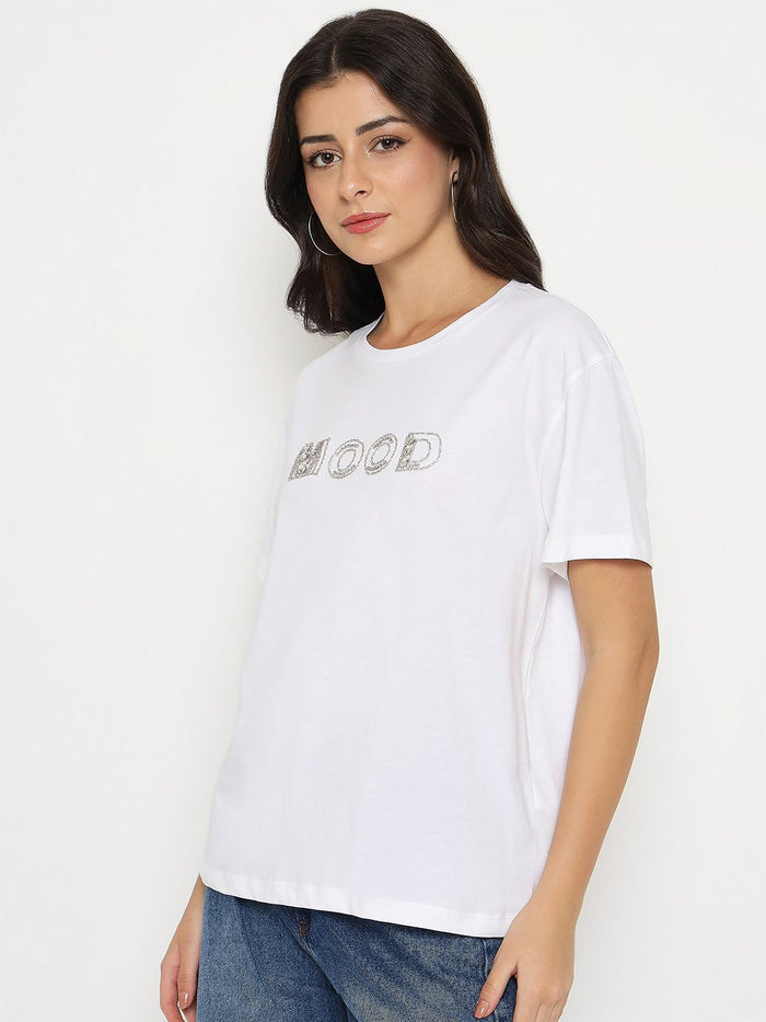 Madame Embellished Typography White Cotton T-shirt