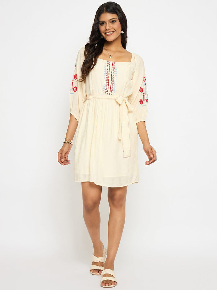 Madame Embroidered Ivory Belted Mini Dress
