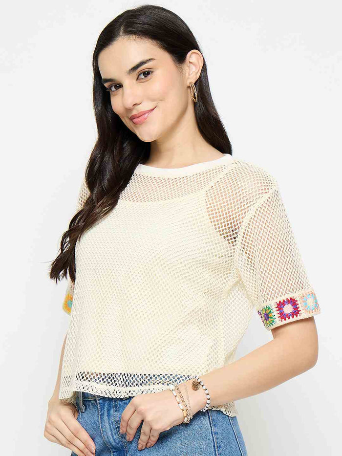Madame Embroidered Semi Sheer Two Piece Ivory Top