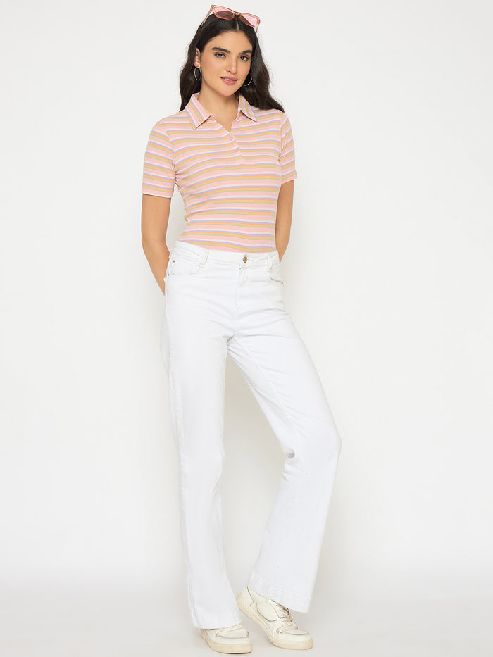 Madame Rayon Blend Striped Pink Polo T-shirt