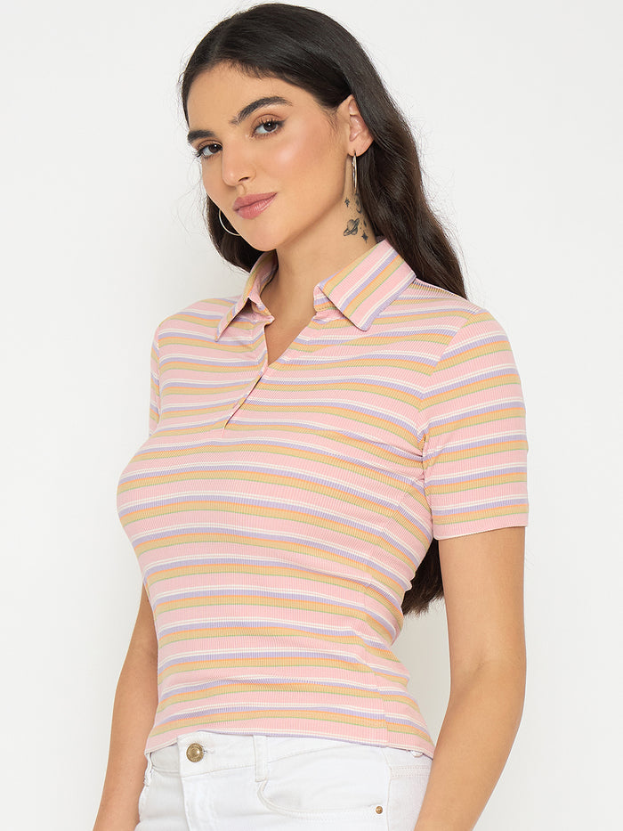 Madame Rayon Blend Striped Pink Polo T-shirt