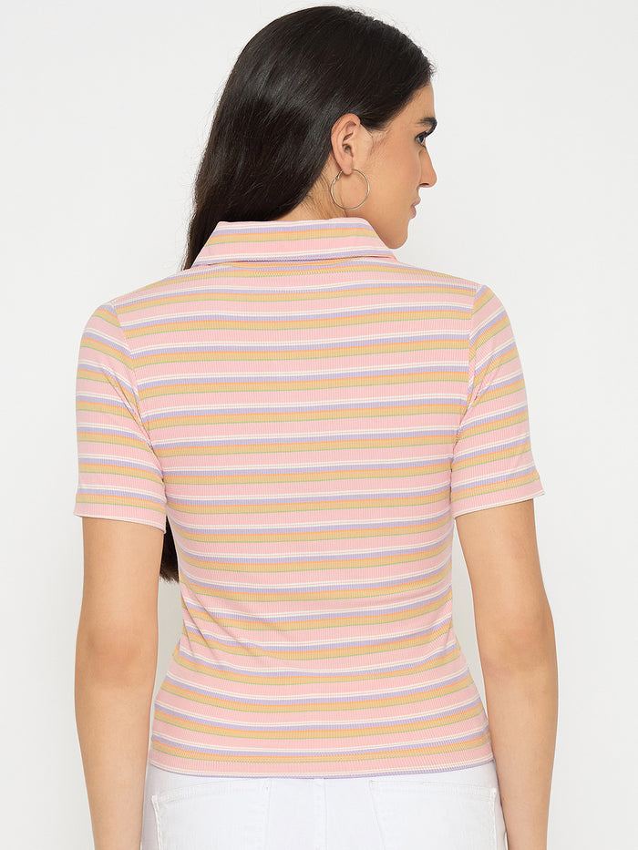 Madame Rayon Blend Striped Pink Polo T-shirt