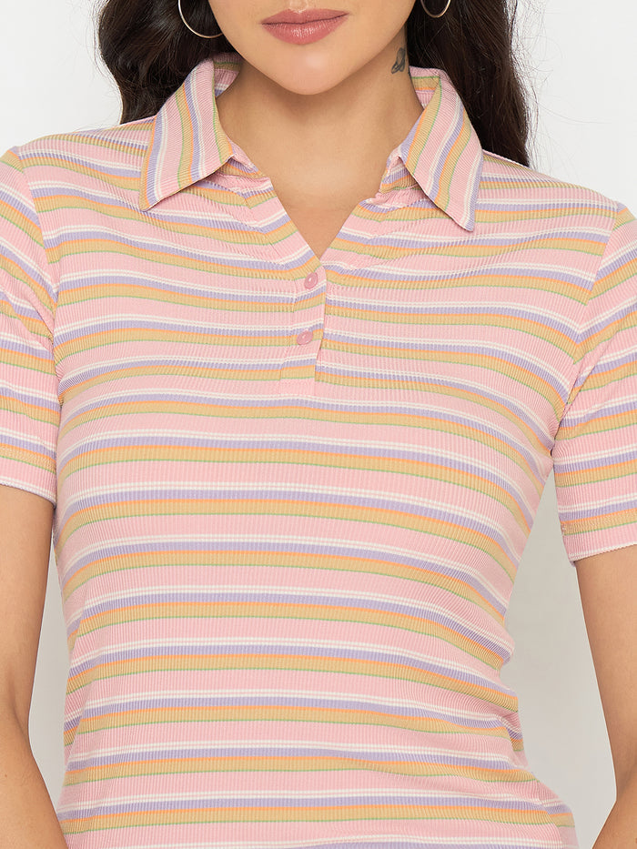 Madame Rayon Blend Striped Pink Polo T-shirt