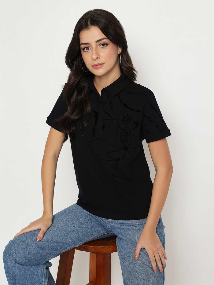 Madame Solid Black Cotton Blend T-Shirt