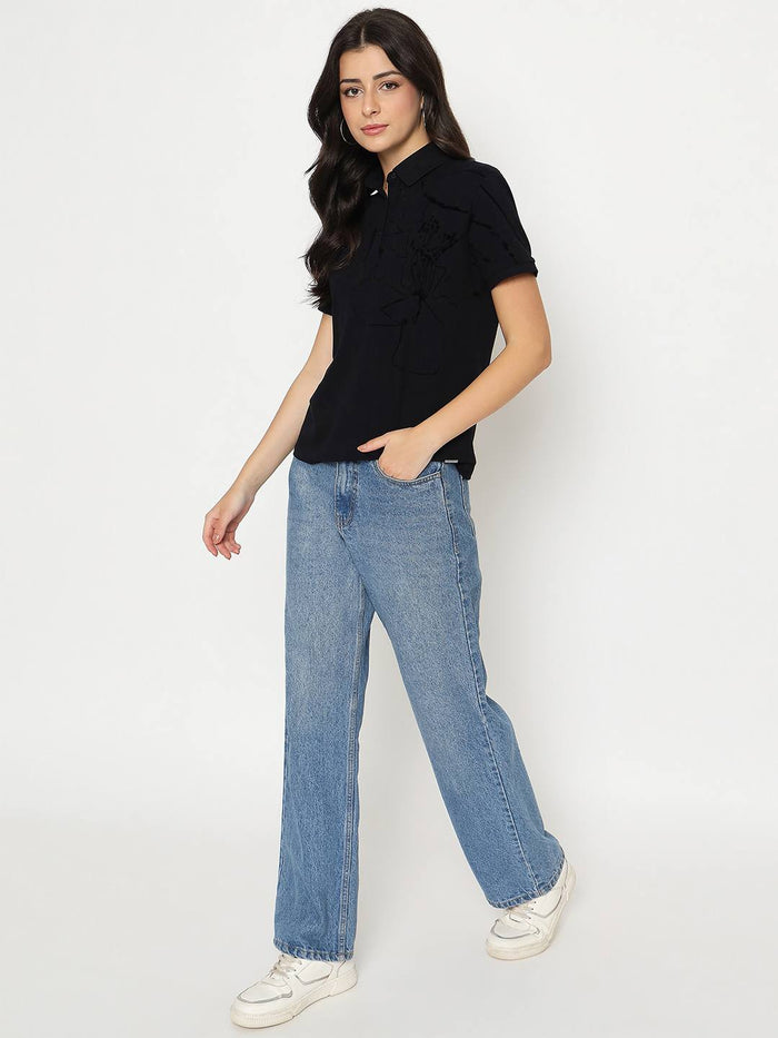 Madame Solid Black Cotton Blend T-Shirt