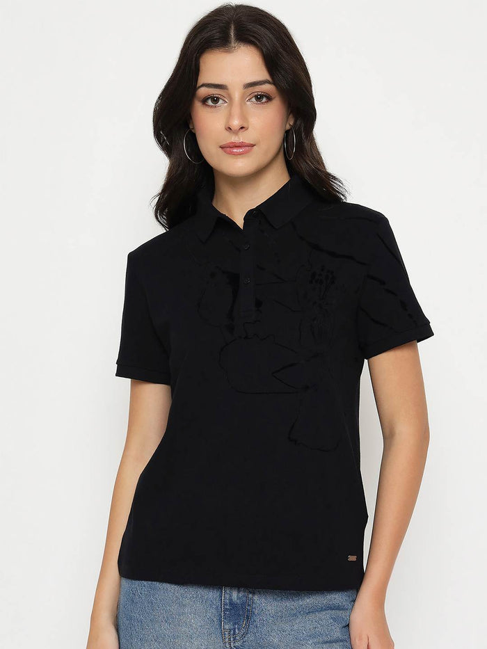Madame Solid Black Cotton Blend T-Shirt