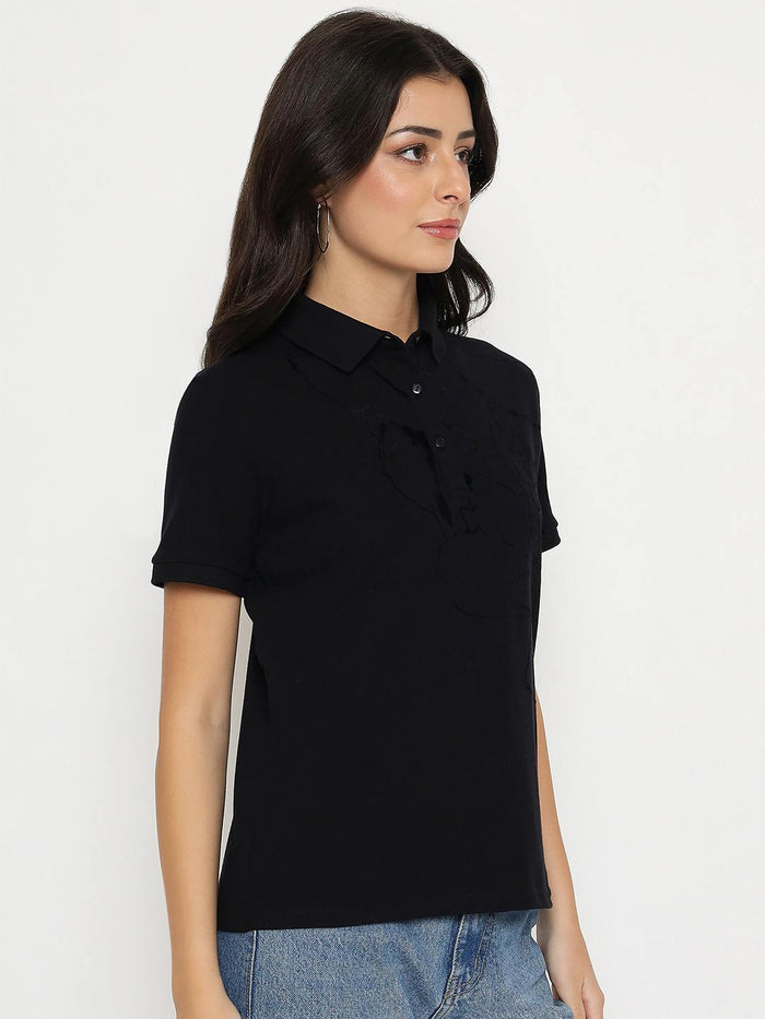Madame Solid Black Cotton Blend T-Shirt